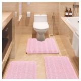 Striped Pink Bathroom Rug Set 3 Pieces Ultra Soft, Non Slip Chenille Toilet Mat, Absorbent Plush Shaggy Bath Mats for Bathroom, Bedroom, Kitchen