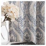 Linen Textured Curtains for Living Room Darkening 63 Inch Length, Medallion Drapes for Bedroom, Damask Pattern Window Treatments Vintage Curtain Panels, 2 Panels Blue on Greige