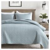 Quilt Twin Size Chambray Blue, Lightweight Quilt for Summer Ultra-Soft Microfiber Modern Style Quilted Clouds Pattern Bedspread Quit Set 2 Pieces (1 Quilt and 1 Pillow Sham)