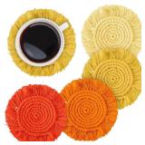 4Pcs Boho Macrame Coasters Yellow Orange Handmade Woven Drink Coasters Farmhouse Rustic Cup Mat Pad for Home Kitchen Office Fall Party Table Decor