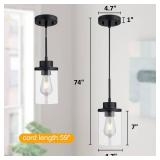 Modern Black Farmhouse Clear Glass Cylinder Pendant Light Fixture, Single Hanging Pendant Lighting for Kitchen Island, Dining Room, Foyer & Hallway(2 Packs) - Retail: $49