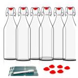 Otis Classic Swing Top Glass Bottles - Set of 6, 16oz w/Marker & Labels - Clear Bottle with Caps for Juice, Water, Kombucha, Wine, Beer Brewing, Kefir Milk or Eggnog - Retail: $22