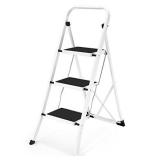 Step Ladder 3 Step Folding with Anti-Slip Pedal, Lightweight 3 Step Ladder with Handrails, 330 lbs Capacity Perfect for Kitchen & Household, White