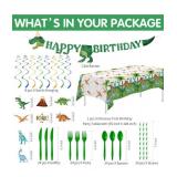 Dinosaur First Birthday Party Supplies Tableware, Dino Theme Dinosaur Party Decorations, Paper Plates, Cups, Napkins, Tablecloths, Cutlery, Swirls, Banner, Serves 24