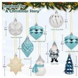 9 PCS Blue and White Assorted Christmas Ball Ornaments Set for Christmas Tree, Snowman, Santa Claus Decorations Balls, Plastic Ornaments