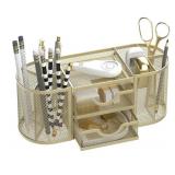 SUPEASY Mesh Desk Organizer, Desk Organizers and Accessories, Pen Holder with Drawers, Pencil Holder for Desk with 2 Drawer for Office Supplies, Golden yellow