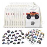 Monster Truck Party Favors - 140 Pack Includes 10 Drawstring Monster Truck Goodie Bags, 50 Stickers & 80 Tattoos with Downloadable Cupcake Toppers, Labels & More - Ideal for Birthday Party Supplies