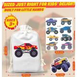 Monster Truck Party Favors - 140 Pack Includes 10 Drawstring Monster Truck Goodie Bags, 50 Stickers & 80 Tattoos with Downloadable Cupcake Toppers, Labels & More - Ideal for Birthday Party Supplies