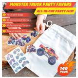 Monster Truck Party Favors - 140 Pack Includes 10 Drawstring Monster Truck Goodie Bags, 50 Stickers & 80 Tattoos with Downloadable Cupcake Toppers, Labels & More - Ideal for Birthday Party Supplies