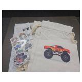 Monster Truck Party Favors - 140 Pack Includes 10 Drawstring Monster Truck Goodie Bags, 50 Stickers & 80 Tattoos with Downloadable Cupcake Toppers, Labels & More - Ideal for Birthday Party Supplies
