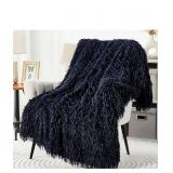 DREAMNINE Decorative 850GSM Fluffy Feather Faux Fur Throw Blanket for Couch Sofa 50" x 60" Soft Plush Long Hair Shaggy Fuzzy Blankets Double Sided Luxury Warm Furry Blanket for Valentine Navy Blue"