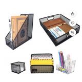 RHONZHAO Desk Accessories - 5 Piece Black Office Desk Organizer Set - File Tray, Magazine Holder, Pen Cup, Sticky Note Holder & Letter Mail Sorter for Organized Workspace Efficiency