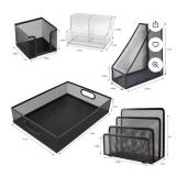 RHONZHAO Desk Accessories - 5 Piece Black Office Desk Organizer Set - File Tray, Magazine Holder, Pen Cup, Sticky Note Holder & Letter Mail Sorter for Organized Workspace Efficiency