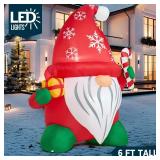 JOIEDOMI 6 FT Tall Christmas Inflatables Outdoor Decoration, Blow Up Gnome with Gift & Candy Cane, Christmas Yard Inflatables Gnome Outdoor Decor with LED for Xmas Decor Outside