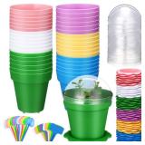 LOYIM 36 Packs Cupcake Plant Nursery Pots with Humidity Dome Small Flower Pots Plastic Planting Containers Cups with Saucers and Shovel for Indoor Outdoor Plant Succulent Display(Colorful)