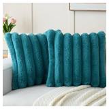 FUTEI Teal Decorative Throw Pillow Covers 20x20 Inch Set of 2, Square Soft Faux Rabbit Fur Big Striped Cushion Cover,Home Decor for Couch Sofa Bed Living Room