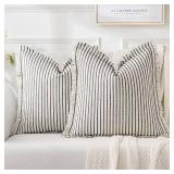 MIULEE Black Pack of 2 Pillow Covers 18x18 Inch Striped Farmhouse Couch Throw Pillow Covers with Fringe Chic Linen Decorative Cushion Covers for Sofa Living Room Bed Outdoor Home Decor