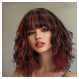 AISI HAIR Synthetic Wavy Curly Bob Wig with Bangs Brown Mix Wine Red Short Hair for Women Synthetic Heat Resistant Bob Wigs