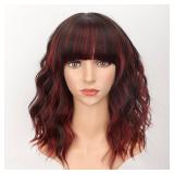 AISI HAIR Synthetic Wavy Curly Bob Wig with Bangs Brown Mix Wine Red Short Hair for Women Synthetic Heat Resistant Bob Wigs