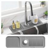 PoYang 17.7 Inch Faucet Mat for Kitchen Sink Splash Guard Behind Faucet, Sink Protectors for Kitchen Sink Faucet Mat Splash Guard for Kitchen Sink Area, Long Silicone Faucet Guard & Draining Mat, Grey