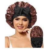 Satin Bonnet for Women Silk Bonnets for Sleeping Curly Hair Bonnet with Elastic Tie Band Reversible Double Layer Sleep Cap Hair Wrap (Black +Brown)