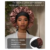 Satin Bonnet for Women Silk Bonnets for Sleeping Curly Hair Bonnet with Elastic Tie Band Reversible Double Layer Sleep Cap Hair Wrap (Black +Brown)