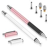 MEKO Stylus Pens for Touch Screens, 2 in 1 Universal Disc Stylus Pens for iPhone, iPad and All Capacitive Cell Phones, Tablets, Laptops Bundle with 6 Replacement Tips - (2 Pcs, White/Rose Gold)