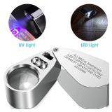 Leffis 40X Jewelers Loupe Magnifier Magnifying Glasses, LED/UV Illuminated Jewelry Loop Pocket Folding Magnifying Glass with Metal Construction for Close Work, Gardening, Kids, Stamp, Rock Collecting