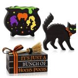 5PCS Halloween Wooden Signs Hocus Pocus, Decorative Wooden Faux Books Stack Black Cat Wood Table Signs, Cauldron Witches Sisters Halloween Tiered Tray Decor for Halloween Party Home Decorations