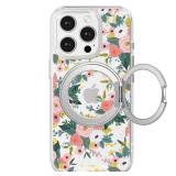 for iPhone 15 Pro Case with MagSafe Stand Ring for Women, Cute Spring Floral Design with 360Â° Kickstand Holder Magnetic Shock Proof Heavy-Duty Protection Pink Flower