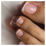 LPOODDNU French Tip Press on Toenails Short Square Pink Fake Toe Nails Summer False Toenails White French Tips Toe Nails Press ons Cute Toenails for Pedicure Decorations 24Pcs