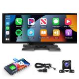 Podofo 10.26\" Wireless CarPlay Car Stereo with 1080P Backup Camera, Portable Car Radio with Wireless Android Auto, IPS Touchscreen, Voice Control, Bluetooth, CarPlay Navigation, AUX/FM