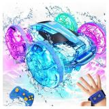 Tecnock Amphibious Remote Control Car Boat for Kids, 4WD RC Stunt Car with Waterproof Remote Control, 2.4GHz Gesture RC Cars with LED Lights, Water Pool Toys Gifts for Boys, Girls