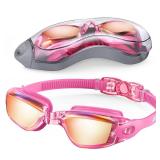 Aegend Swim Goggles, Swimming Goggles No Leaking Full Protection Flexible, Detachable Adult Men Women Youth, Rose-red Silver