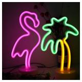 2 Packs Decoration Neon Signs Light Pink Flamingo and Green Palm Tree Neon Wall Decor Lights USB/Battery Powered Neon Lights for Bedroom Girls Kids Birthday Party Christmas (Flamingo&Palm Tree)