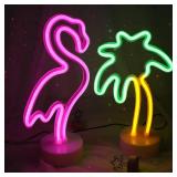 2 Packs Decoration Neon Signs Light Pink Flamingo and Green Palm Tree Neon Wall Decor Lights USB/Battery Powered Neon Lights for Bedroom Girls Kids Birthday Party Christmas (Flamingo&Palm Tree)