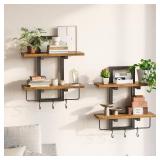 Creso hom Floating Shelves for Wall Set of 2, Wood Wall Shelf with 6 Hooks, 2 Tier Hanging Decorative Storage Shelves for Living Room Bedroom Bathroom Kitchen Office Coffee Bar, Rustic Brown