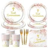 First Communion Decorations, Gold Cross First Communion Plates and Napkins, God Bless Baptism Birthday Supplies Paper Tableware for Christening Celebration Baby Shower Party