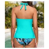 Womens Halter Tankini Swimsuit - Tummy Control Bathing Suit Two Piece Swimsuit V Neck Swimwear 2025 Blue Leaves M