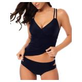 BIKINX Tankini Bathing Suits for Women Two Pieces Tummy Control Swimsuit Plus Size Swimwear V Neck Swim Top Navy