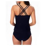 BIKINX Tankini Bathing Suits for Women Two Pieces Tummy Control Swimsuit Plus Size Swimwear V Neck Swim Top Navy