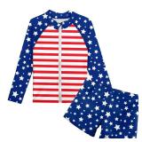 Boys Two Piece Rash Guard American Flag Swimsuits Kids Long Sleeve Red Blue Stripe Swimwear Sets Zipper Bathing Suit with Swimming Short for 4-5 Years