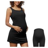 Bhome Maternity Golf Dress Summer with Shorts and Built in Bra for Women, Sleeveless Square Neck Side Ruched Workout Pregnancy Tennis Dresses with Pocket Black