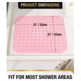 HITSLAM Square Shower Mat Non Slip, 21x21 Inch Bath Mat for Tub with Suction Cups and Drain Holes, Machine Washable Bathroom Shower Stall Floor Mat, Soft on Feet, Pink