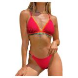 BIKINX Womens Swimsuits Thong Bikini Sets for Women Triangle Two Piece Bathing Suits Tie Back Swim Top Raspberry Red