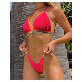 BIKINX Womens Swimsuits Thong Bikini Sets for Women Triangle Two Piece Bathing Suits Tie Back Swim Top Raspberry Red