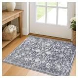 KILOCOCO Moroccan Small Area Rug 2x3 Entryway Rugs Printed Vintage Floral Washable Rug Non-Slip Kitchen Rug Indoor Door Mat, Accent Throw Small Rugs for Laundry Room Bedroom Entrance, Grey