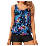 Yonique Blouson Tankini Swimsuits for Women Two Piece Bathing Suits Tops with Boyshorts Modest Loose Fit Swimwear Blue & Floral L