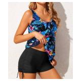 Yonique Blouson Tankini Swimsuits for Women Two Piece Bathing Suits Tops with Boyshorts Modest Loose Fit Swimwear Blue & Floral L