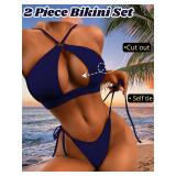 ShawGobow Rave Outfits for Women,Cutout Keyhole Low Rise High Leg Bathing Suit,2 Piece Sexy Bikinis Swimsuit Glow Party Blacklight Fluorescent Navy Blue Medium